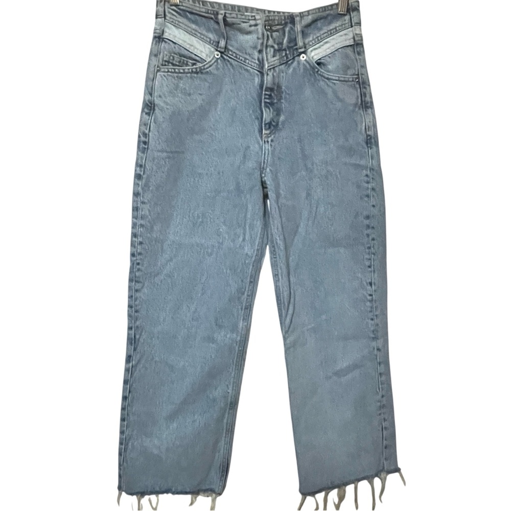 MANGO MNG HIGH WAIST JEANS JULIETA LIGHT WASH RAW HEM CROPPED WIDE LEG SZ 4